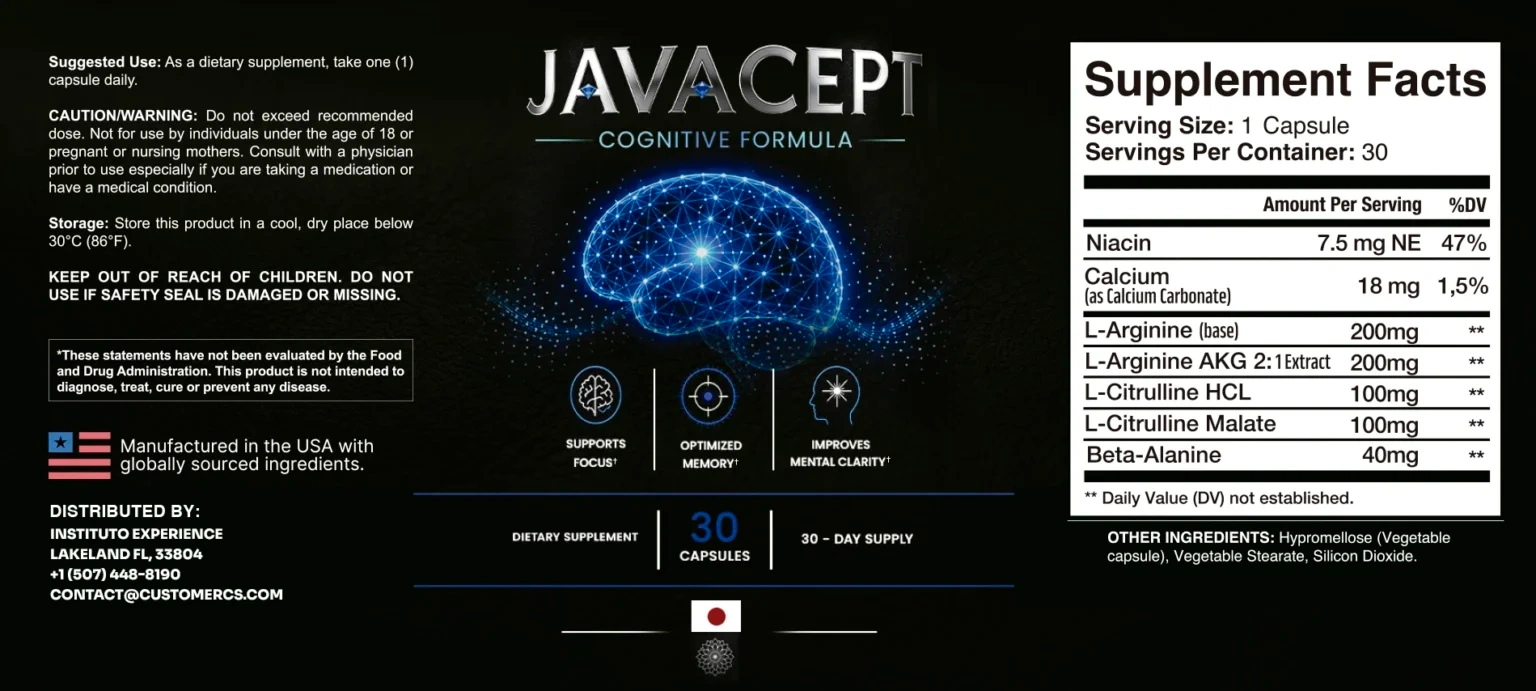 Javacept supplement facts label – complete ingredient list, dosages, and nutritional information